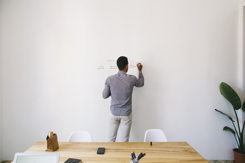 Mann im Büro schreibt Tabelle an die Wand, lizenzfreies Stockfoto