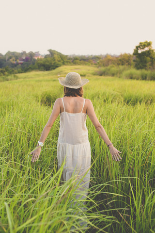 Rückenansicht einer Frau mit Sommerkleid und Hut in der Natur, lizenzfreies Stockfoto