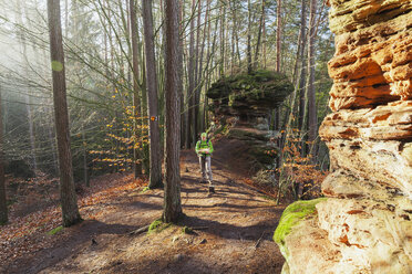 Germany, Rhineland-Palatinate, hiker reading map at Dahn Rockland on winter day - GWF004752