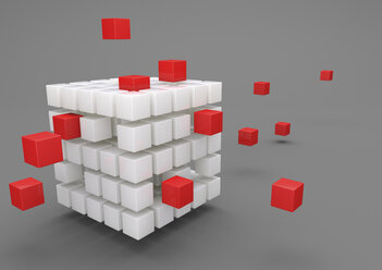 3D Illustration, Outsourcing, porcelain cubes with red cubes on gray background - ALF000693