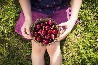 Girl sitting on a meadow holding punnet of sweet cherries, partial view - LVF004960