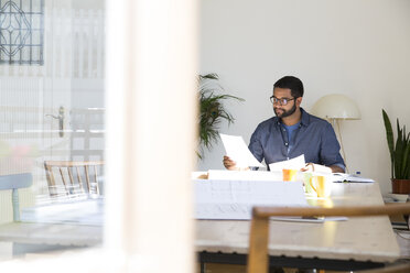 Junger Mann arbeitet am Tisch im Büro - FKF001883