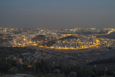 Israel, Jerusalem, cityscape at night as seen from Nabi Samwil mountain - HWOF000145