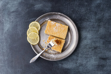 Lemon cake with icing sugar on plate - MYF001586