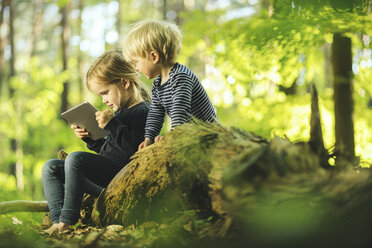 Bruder und Schwester im Wald mit digitalem Tablet - SBOF000164
