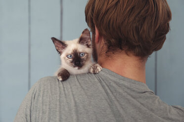 Back view of man with kitten on his shoulder - RTBF000236