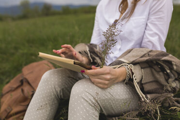 Woman sitting on a meadow using digital tablet holding grasses in one hand, partial view - BOYF000429