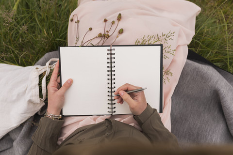 Frau sitzt auf einer Wiese und schreibt etwas in ihr Notizbuch, Teilansicht, lizenzfreies Stockfoto