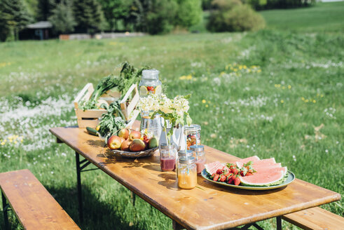 Beer table set with fruit and drinks on meadow - MJF001900