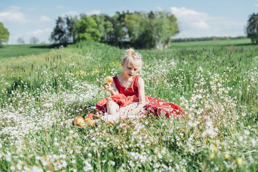 Grl sitting in flower meadow with apples - MJF001943