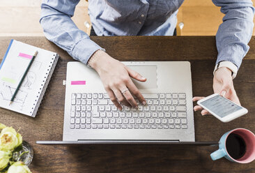 Teenage girl with celll phone and laptop at desk - UUF007824