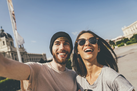 Young couple taking selfie in Vienna stock photo