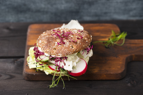 Veggie Burger, vegan, with salad, radish, tomato, basil halloumi and rock chive stock photo