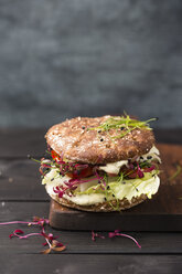 Veggie Burger, vegan, mit Salat, Radieschen, Tomate, Schnittlauch - MYF001639