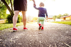 Back view of toddler girl walking hand in hand with her father - HAPF000588