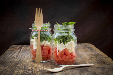 Salad with watermelon, rocket and feta in glasses - LVF005038