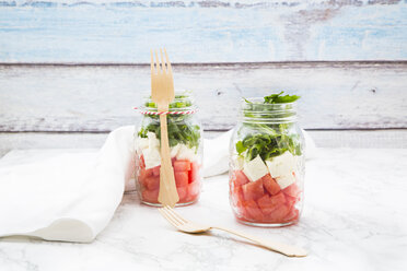 Salad with watermelon, rocket and feta in glasses - LVF005040