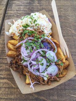 Poutine mit Pommes frites, Pulled Pork und Zwiebelringen - ODF001393