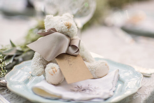 Teddybär mit Namensschild auf dem Gedeck für eine Hochzeit - ZEF008864
