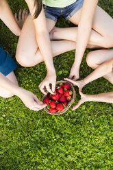 Drei Kinder sitzen auf einer Wiese und nehmen Erdbeeren aus einem Korb - LVF005080