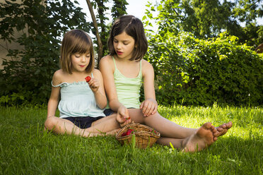 Two sisters sitting together on a meadow eating strawberries - LVF005082
