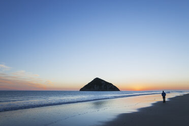 Neuseeland, East Cape, Anaura Bay vor Sonnenaufgang, Mann beobachtet das erste Sonnenlicht - GWF004778