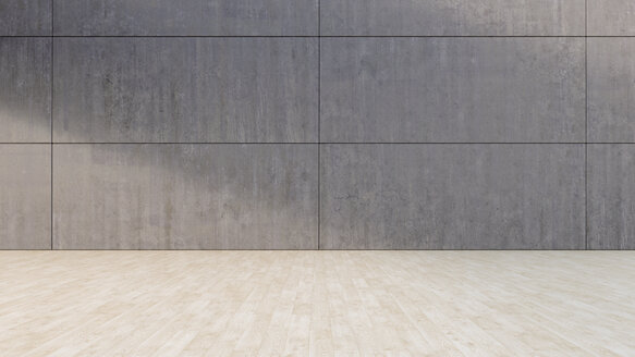 Leerer Raum mit Betonwand und Holzboden, 3D Rendering - UW000907