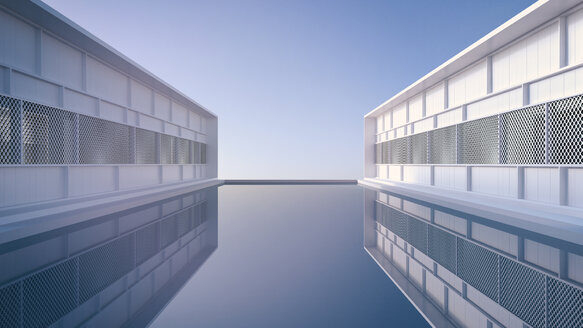 Zwei Gebäude einer Ferienanlage spiegeln sich im Wasser des Pools, 3D Rendering - UW000909