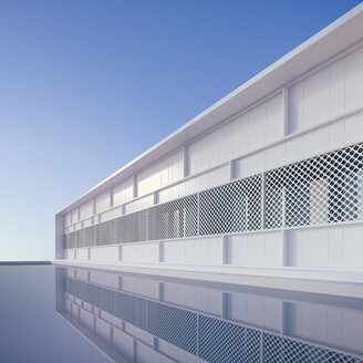 Gebäude der Ferienanlage spiegeln sich im Wasser des Pools, 3D Rendering - UW000910