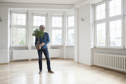 Mann hält Pflanze in leerer Wohnung, lizenzfreies Stockfoto