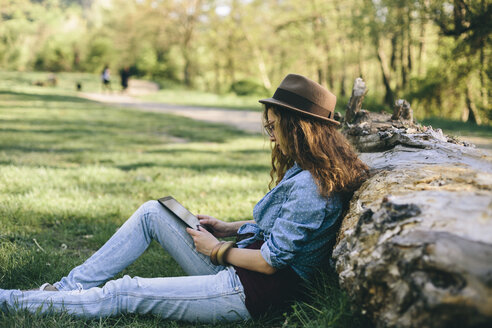 Woman sitting on a meadow using digital tablet - AKNF000048