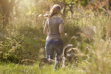 Back view of young woman running after her dog on a meadow - MIDF000745