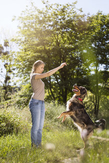 Young woman taming her mongrel on a meadow - MIDF000746