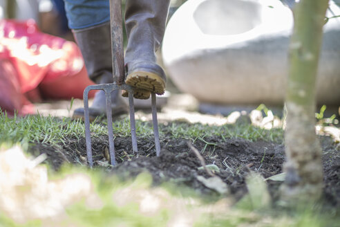 Nahaufnahme eines Mannes, der eine Gabel im Garten benutzt - ZEF009015