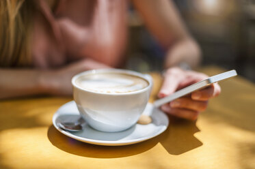 Woman sitting in a coffee shop with Cappuccino holding smartphone, close-up - DIGF000763