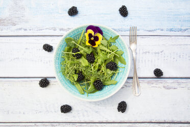 Schüssel mit Wildkräutersalat mit essbaren Blüten und Brombeeren - LVF005121