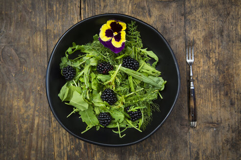 Schüssel mit Wildkräutersalat mit essbaren Blüten und Brombeeren - LVF005123