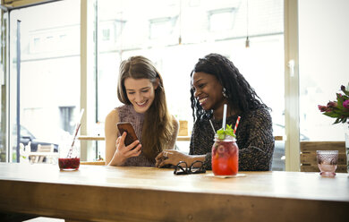 Young women in cafe looking at smartphone - ONF000964