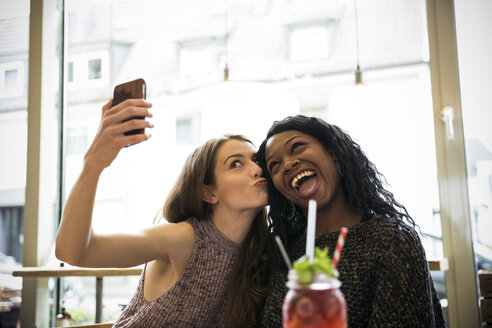 Zwei junge Frauen machen ein Selfie in einem Cafe - ONF000967