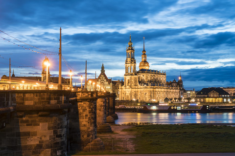 Germany, Saxony, Dresden, Dresden cathedral, Augustus Bridge and the Elbe river in the evening stock photo