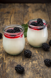 Two glasses of natural yoghurt with sirup and blackberries - LVF005132