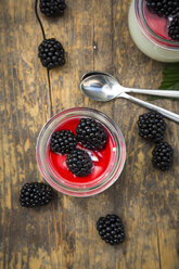 Two glasses of natural yoghurt with sirup and blackberries - LVF005136