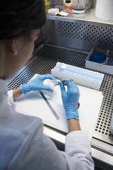 Labortechniker in einem analytischen Labor, der eine Probe aus einem Plastikbehälter entnimmt - ABZF000855