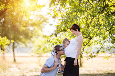 Father and son kissing pregnant mother's belly - HAPF000635