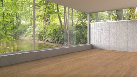 Empty room with panorama window and wooden floor, 3D Rendering - UWF000917