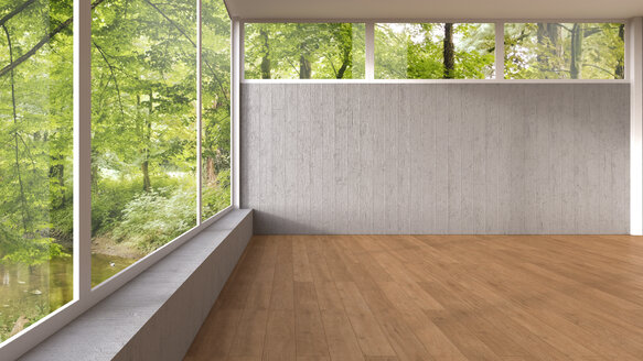 Leeres Zimmer mit Panoramafenster und Holzboden, 3D Rendering - UWF000918