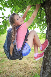 Portrait of smiling girl climbing on tree - VTF000538