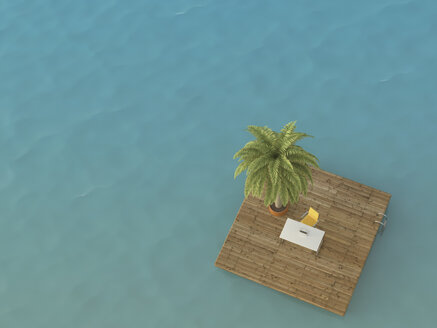 Schreibtisch mit Laptop auf Plattform im Meer, 3D Rendering - UWF000921