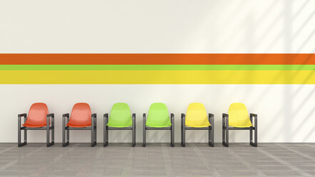 Row of coloured chairs in waiting room, 3D Rendering - UWF000922