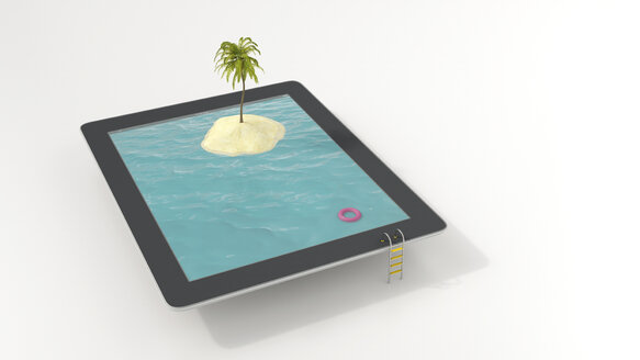 Tablet mit schwimmendem Reifen und Insel mit Palme im Meer, 3D Rendering - UWF000930